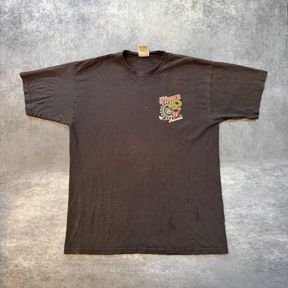 Vintage 90s UAW Local 933 Union Will Strike Rattlesnake T-Shirt Men XL Black Tee